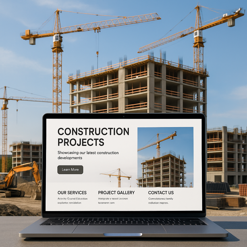 Construction site with professional website displayed on laptop